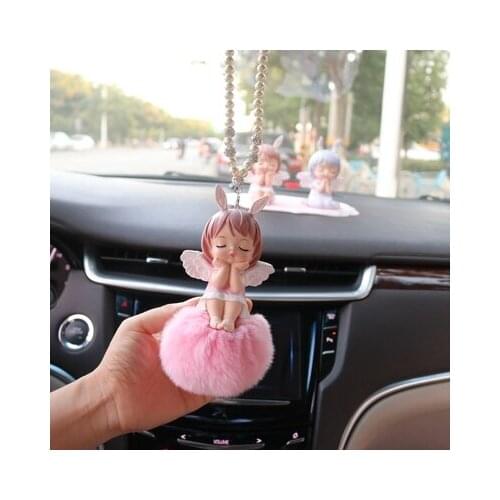 Lovely Anime Natural Cartoon Angle Real Fur Pompom Interior Hanging Ornament Car Pendant Key chain Decoration For Women D30