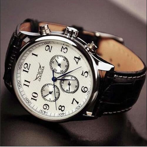 New Fashion JARAGAR Automatic Mechanical Self-Wind Sport Thin Case Calendar 24Hour Week Dial Real Leather Strap Men Wrist Watch