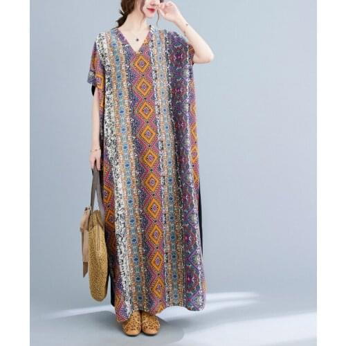 Oversized Retro Geometric Printed Women Dresses V-Neck Batwing Sleeved
