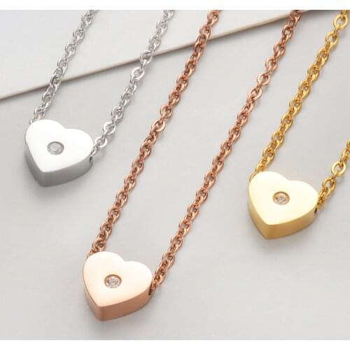 2PCS/Lot Stainless Steel Mirror Polished Heart Charm Beads Zircon Pendant Necklace For Woman Jewelry 50cm