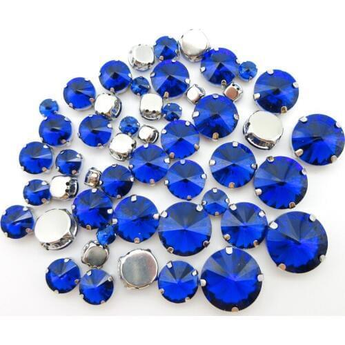 Sapphire crystal strass mix Rivoli round shape 7 sizes silver claw flatback sew on rhinestone clothes shoes bags diy decoration