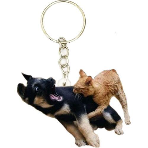 Dog And Cat Fight Acrylic Keychain Fun Dogs Keyring Pendants Gift Friend Key Chain Accessories Keyring Men Toy