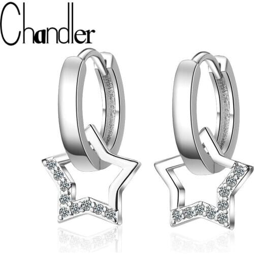Chandler Silver Color Classic Hoop Earrings Star Dangle Huggie Round Alloy Cubic Zircon Statement Fashion Jewelry Best Gift