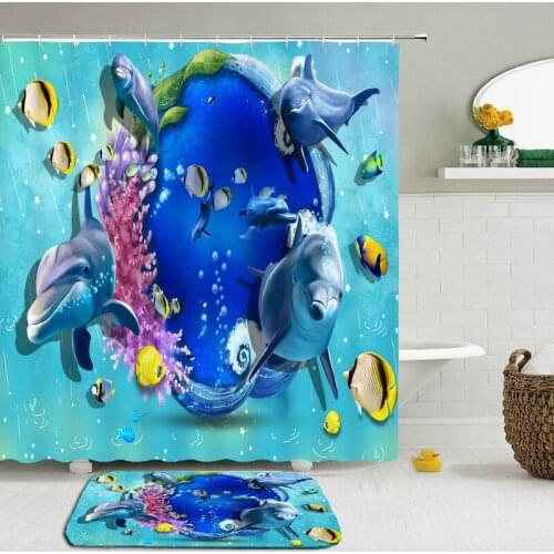 3D Ocean Life Fish Dolphin Shark Shower Curtain Set Mat Bath Curtains Waterproof Cloth + Non-slip Mat Toilet Bathroom 2pcs/set