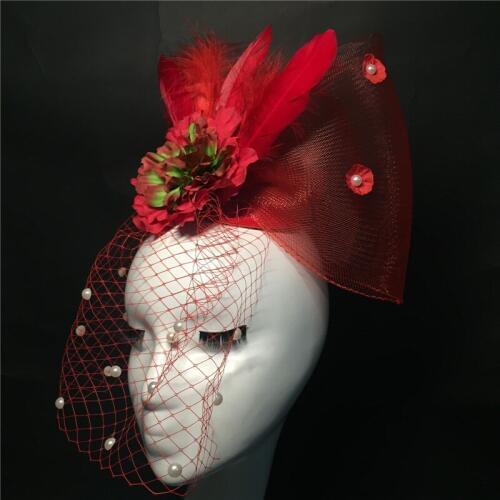Lady Photography Hat Wedding Headwear Elegant Veil Gorgeous Hats Retro Bride Stage Hats Scarlet Feather Hair Accessories B-9500