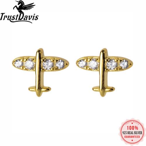 ElfoPlataSi 925 Sterling Silver Sweet Dazzling Plane Airplane CZ Stud Earrings For Women Silver 925 Jewelry Wedding Gift DA294