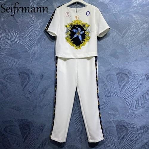 Seifrmann New 2021 Summer Women Fashion Runway Pants Set Short Sleeve Beading T-Shirts + High Waist Long Pants 2 Two Pieces Suit