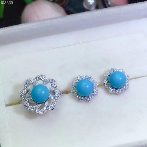 Elegant blue turquoise ring and stud earrings jewelry set women ornament 925 Sterling silver fine jewelry round natural gem gift