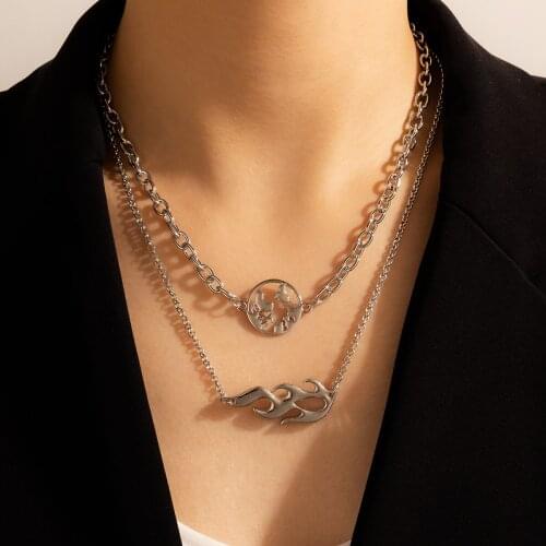 HuangTang 2021 NEW Punk Double Layer Map Pendant Necklace for Women Vintage Silver Color Geometric Clavicle Chain Jewelry Gift