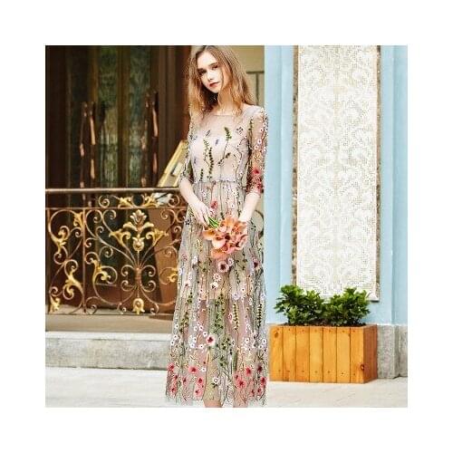 2021 Spring Summer Crew Neck Long Sleeve Embroidery Mesh Dress Womens Sweater S M L XL XXL