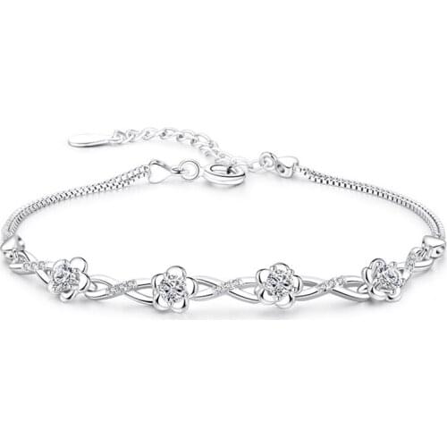 Authentic S925 Sterling Silver Crystal Vintage Plum Blossom Flower Bracelet Bangle For Women Girl Lady Wedding Birthday Gift