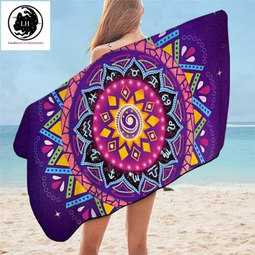 Zodiac Mandala by Lionhearts Bath Towel Purple Microfiber Beach Towel Bohemian Bathroom Towel 75x150 Flower Beach Mat Dropship