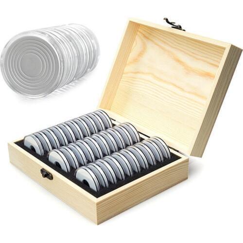 20pcs Wood Coin Holder Coins Ring Storage Box 20/30/50/100 Coin Capsules Accommodate Collectible Commemorative Coin Box SN3030
