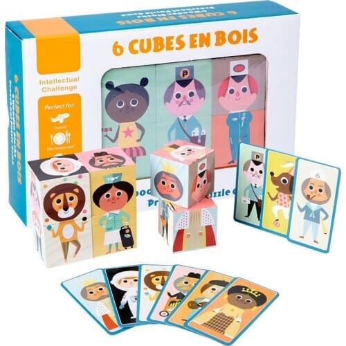 6Pcs Wooden Block Stack Game 3D Character Block Cube Preschool Early Educational Building Toy For Toddler Children