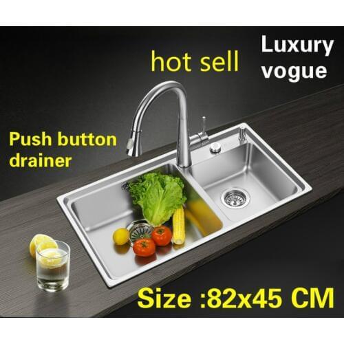 Free shipping Household luxury kitchen double groove sink push button drainer 304 stainless steel big hot sell 820x450 MM