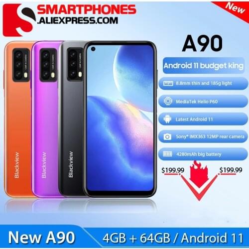 Blackview A90 Smartphone Helio P60 Octa Core 12MP HDR Camera Mobile Phone 4GB+64GB 4280mAh Android 11 Telephone 4G LTE Celular