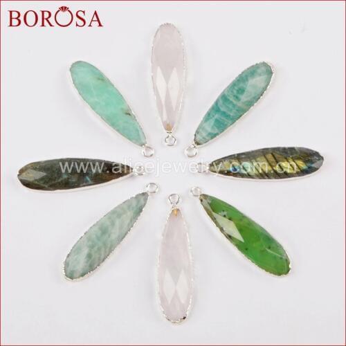 BOROSA 5PCS Teardrop Silver Color White Quartz Crystal Labradorite Faceted Charms Druzy Gems Pendant Jewelry for Necklace S1524