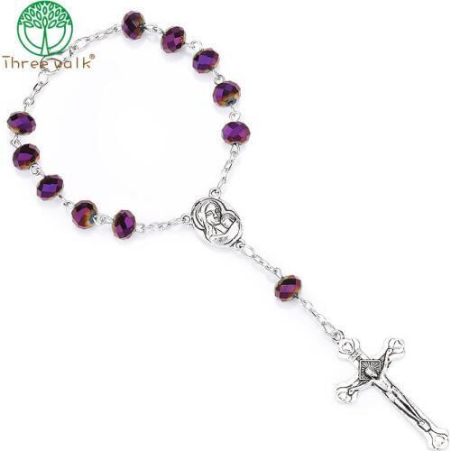 10pcs Charming Purple Glass Beads Chain Catholic Rosary Bracelets Religious Father Bead
