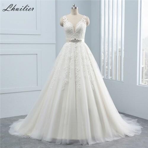 Lhuillier A-line V-neck Tulle Wedding Dresses Real Photos Floor Length Sleeveless Backless Appliques Bridal Dress with Belt