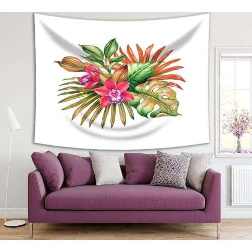 Tapestry Tropical Bouquet with Big Leaves Orchid Flowers Botanical Watercolor Style Illustration Orange Green White