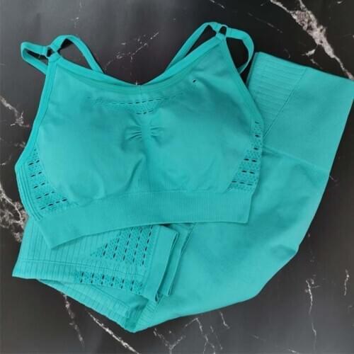 2PCS Sexy Sports Suits Seamless Yoga Set Women Fitness Clothing Sportswear Woman Gym Leggings Padded Push-up Strappy Sports Bra