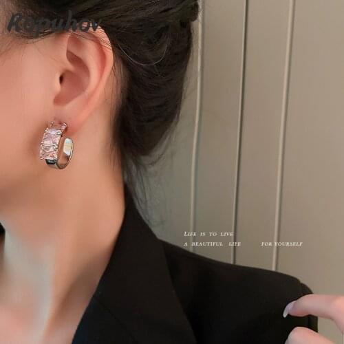 Ropuhov 2021 Jewery Trendy Korean 925 Silver Needle Pink Crystal C-shaped Earrings Earrings Advanced Sweet Cool Earrings Women