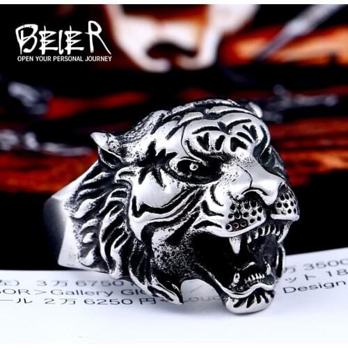 Beier 316L Stainless steel Tiger Head Ring Men Personality Unique Mens Animal Jewelry good detail LR307 US size