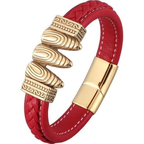 Cool Punk Jewelry Bullet Shape Gold Stainless Steel Magnet Clasp Red Leather Wrist Bracelet Men Fashion Bangles Male Gift PD0908