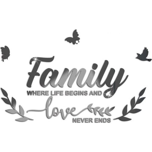 Wall Decor Stickers Removable 3D Acrylic Family Letter Quotes Wall Art Decals DIY Family Butterfly Mirror Stickers for Home