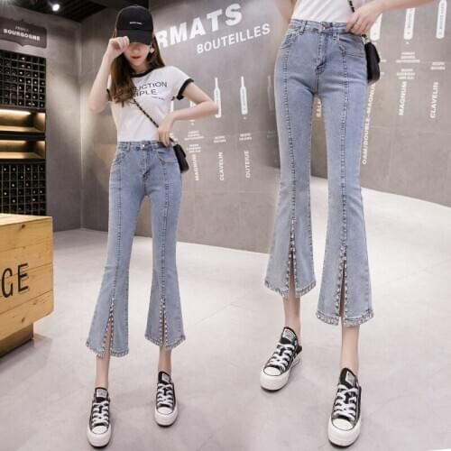 2020 New Fashion All-match Diamond Set Heavy Industry Jeans Womens Slim Split Micro-Bell-bottom Pants Streetwear Jeans Woman