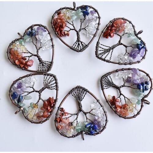 Wholesale 6pcs/ lot new mixed natural stone heart-shaped life tree ancient copper wire wrapped pendant 50mm for jewelry marking