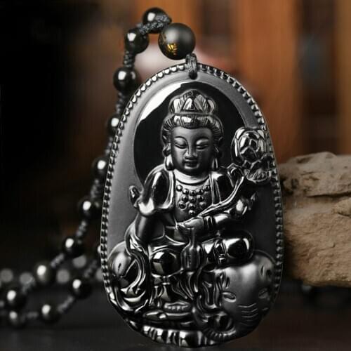Natural Black Obsidian Guanyin Pendant Beads Necklace Fashion Charm Jewellery Hand-Carved Bodhisattva Amulet Gifts for Women Men