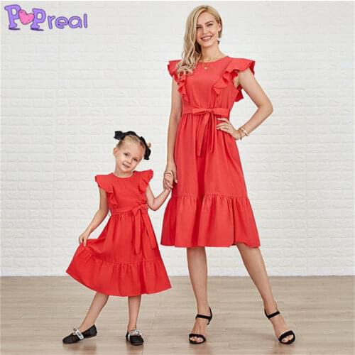 PopReal Parent-Child Outfit Mom Daughter Dress Family Matching Clothes Mother And Daughter Outfits A-Line Skirt Flying Sleeves