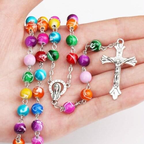 Catholic Rosary Acrylic Beads Jesus Cross Pendant & Necklace Ethnic Prayer Long Statement Religious Jewelry Women Men
