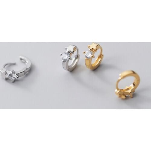 Real 925 Sterling Silver Zircon Star Hoop Huggies Earrings For Fashion Women Hiphop Fine Jewelry Minimalist Accessories