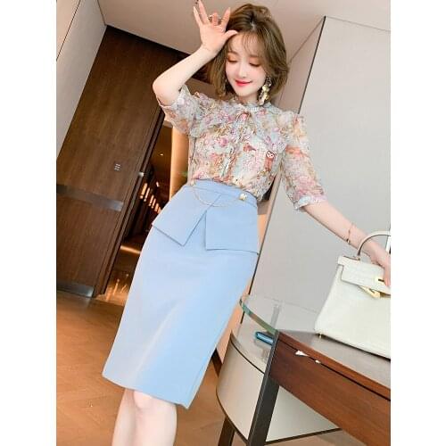 Top Quality Shirt with lapel ear lace+High waist stitching A-Line Half skirt suit womens new summer style