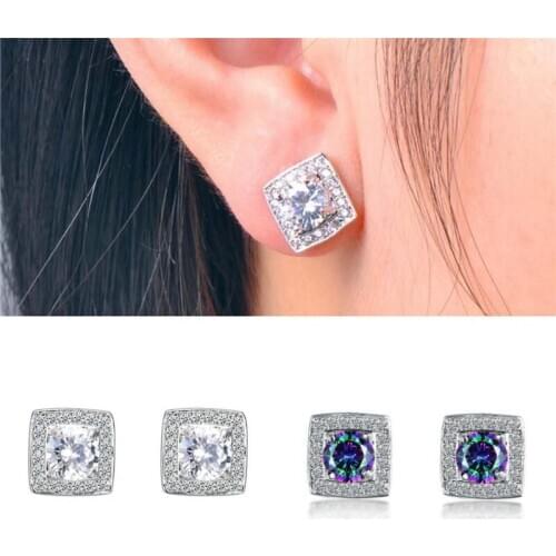 Girls Princess Cut Square Stud Earrings For Women 925 Silver Filled White Zircon Rainbow Fire Birthstone Earrings Female Jewelry