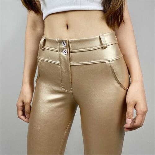 Meldy Gold Color Super Skinny Pencil Leather Pants Womens Mid Waist Push Up Leggings With Fleece Lining