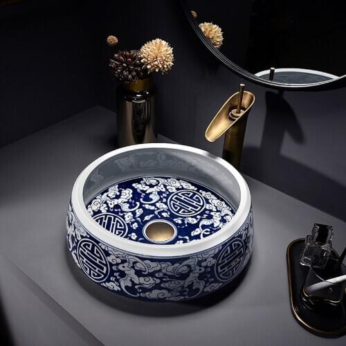 Europe style chinese wash basin vessel sinks Jingdezhen Art Counter Top ceramic wash basin bathroom sinks blue and white