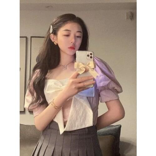 2021 French retro square neck bow tie shirt female new design sense niche temperament bubble sleeve top summer