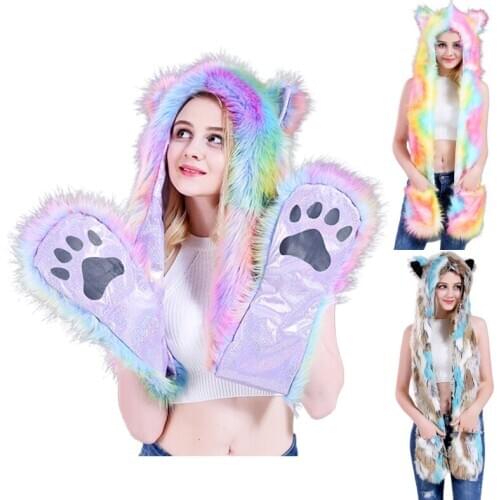 Women 3 In 1 Furry Animal Hat Scarf Gloves Mittens Multifunctional Rainbow Colorful Fluffy Plush Hoodie with Paws Ears