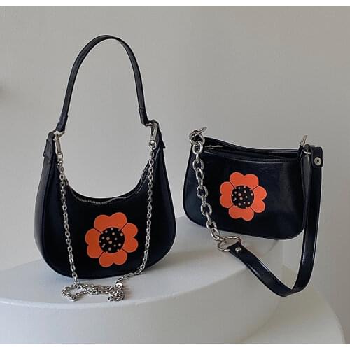 PU Leather Shoulder Bag for Women Retro Orange Flower Ladies Chain Underarm Bags Female Clutch Purse Half Moon Handbags