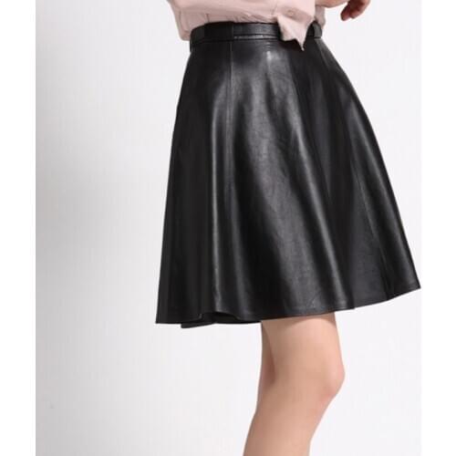 Office Ladies Sheepskin Genuine Leather Skirt Women Belted High Waist Pleated Skirt Casual Streetwear Leather Skirts Black Red