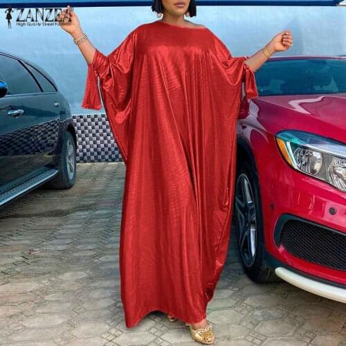 Autumn Half Sleeve Lace Up Sundress Women Elegant Shiny Metallic Long Dress ZANZEA Fashion Oversized O Neck Robe Tunic OL Kaftan