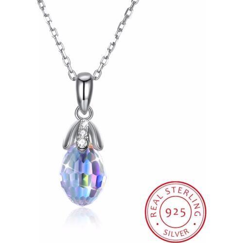 Lekani Simple Fashion Tiny Water Drop Pendant Necklaces Colorful Crystals From Swarovski For Women Wedding 925 Silver Jewelry