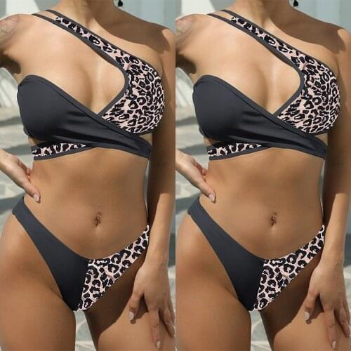 New Sexy Bikini Leopard Womens Swimsuit Patchwork One Shoulder Swimwear Women Cross Bandage Bathing Suit Women Biquini Women