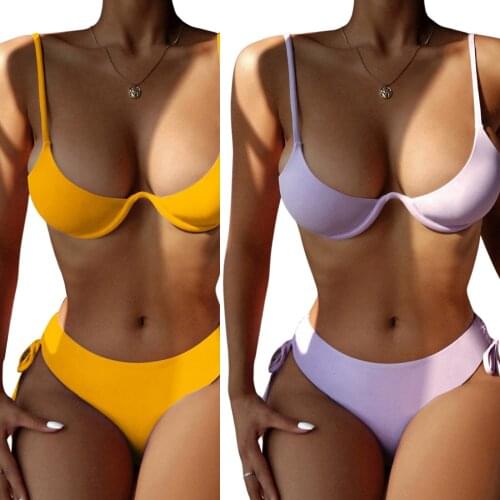Ladies Summer Split Swimwear Set Adults Women Simple Style Solid Color High Waist Lace Up Bikini Sexy Backless Swimsuit
