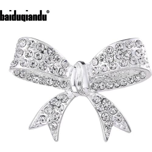 Baiduqiandu Clear Rhinestone Bowknot Brooches For Women Silver Plated Alloy Rosette Weddings Banquet Brooch Pins New Year Gifts