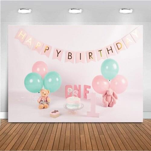 Happy Birthday Banner Princess Pink Photo Background Cute Bear Toy One Year Girl Cake Smash Table Decor Backdrop Photography