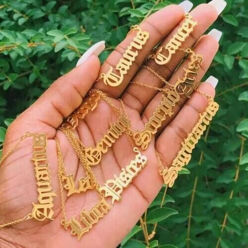 12 Constellation Pendant Chain Necklace For Women Old English Zodiac Sign Choker Stainless Steel Collier Christmas Jewelry Gifts